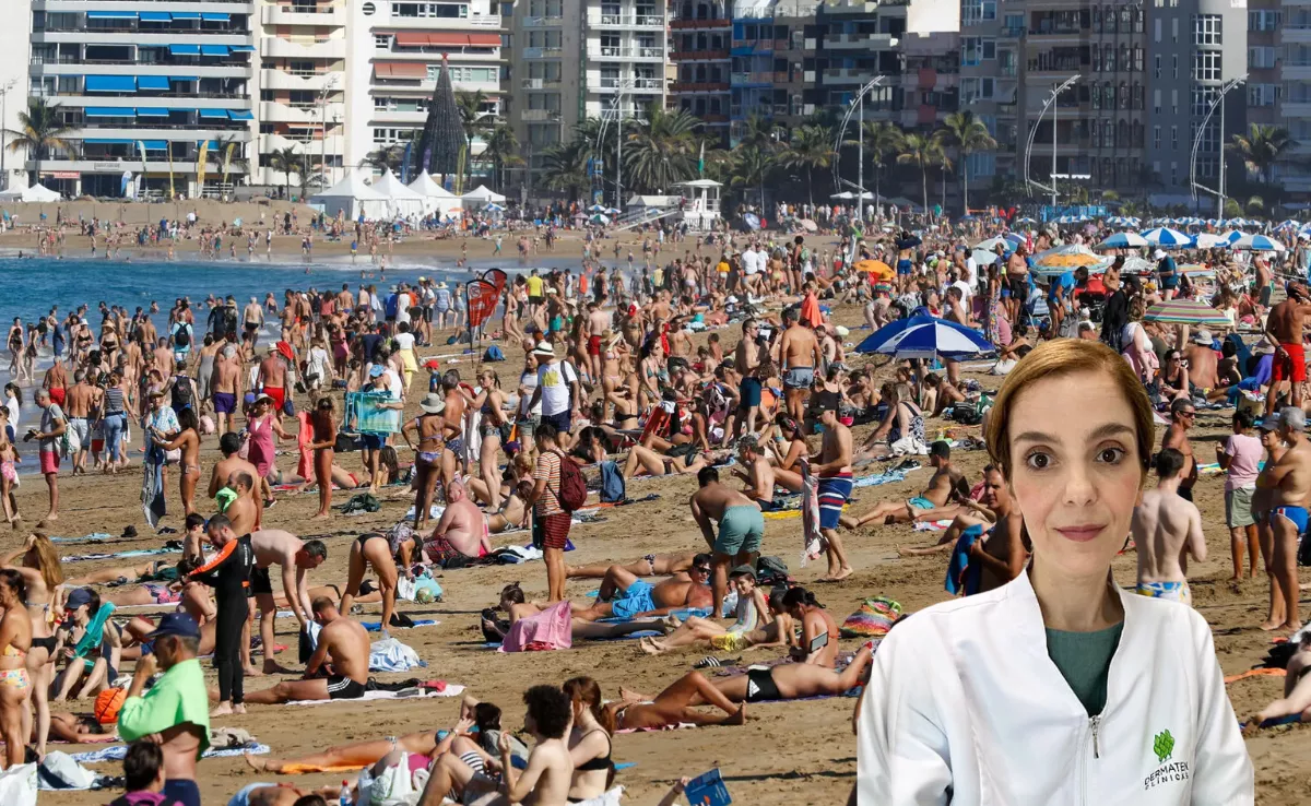 Imagen editada por Atlántico Hoy de la playa de las Canteras y la dermatóloga Marina Rodríguez./ EFE-Dermaten