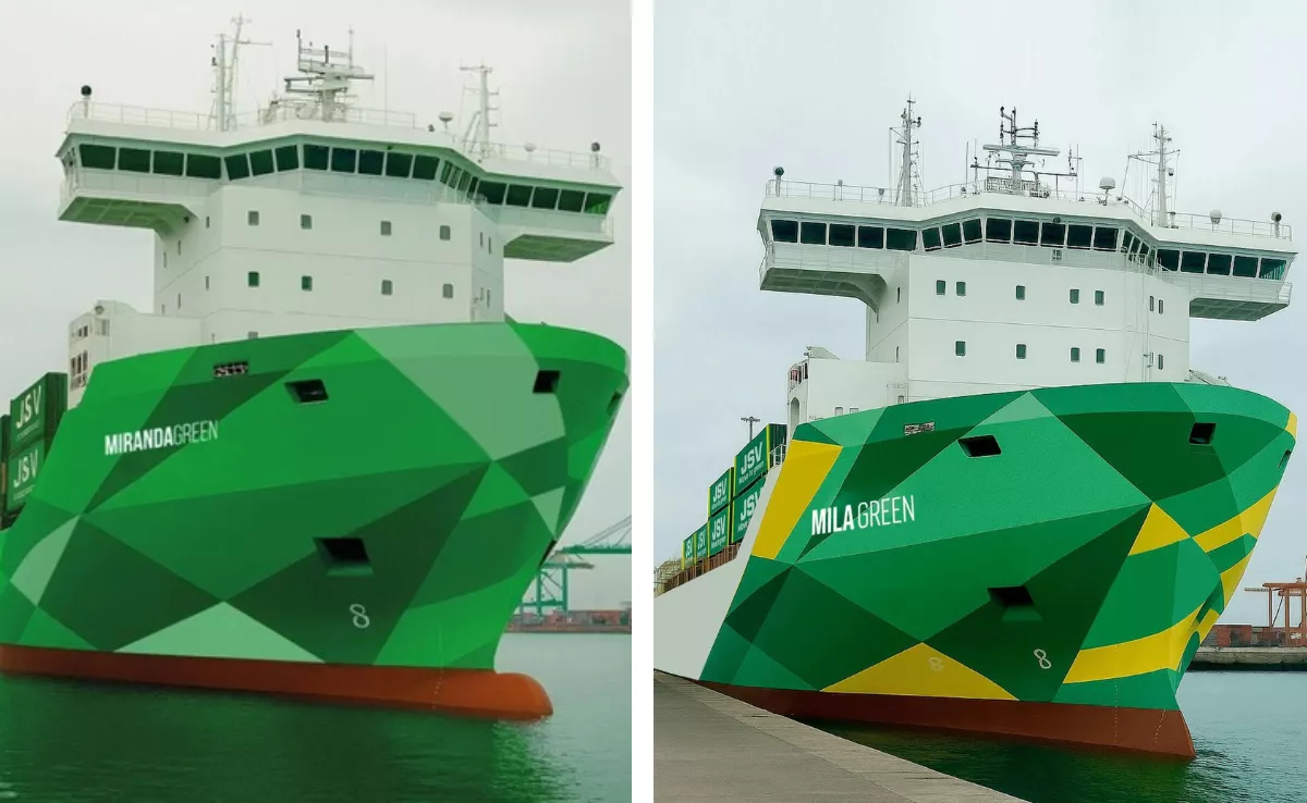 La proa de los dos portacontenedores comprados por JSV: 'Miranda Green' y 'Mila Green'. / REDES