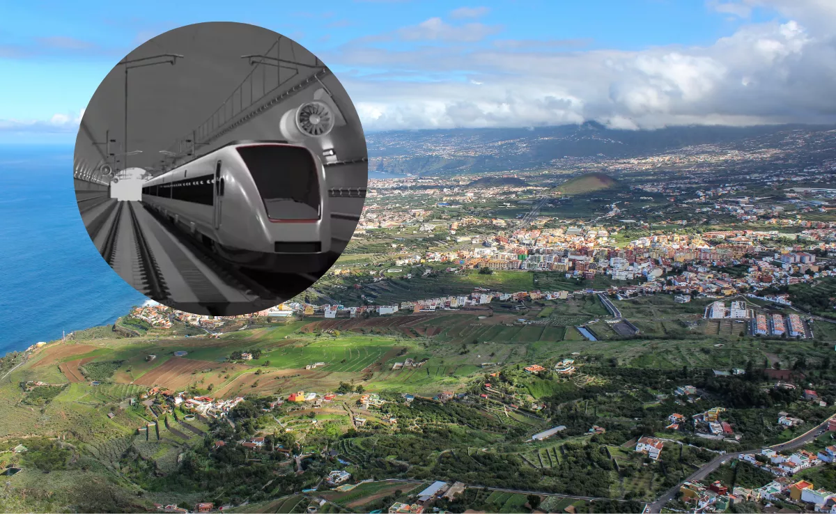 Ilustración del tren del sur en un paisaje del norte de Tenerife. / METROPOLITANO-IMAGEN DE LA RED