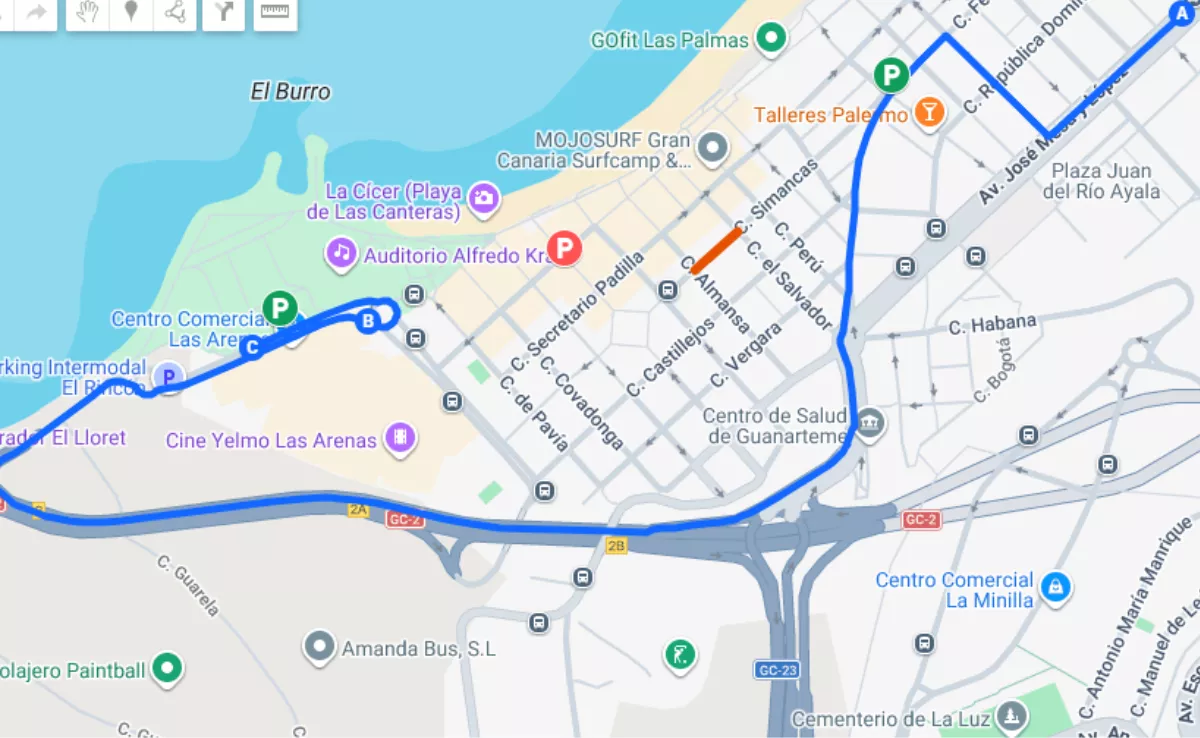Nuevo itinerario de las guaguas de Global para sortear este jueves el cierre de la calle Simancas, en Guanarteme. / GLOBAL