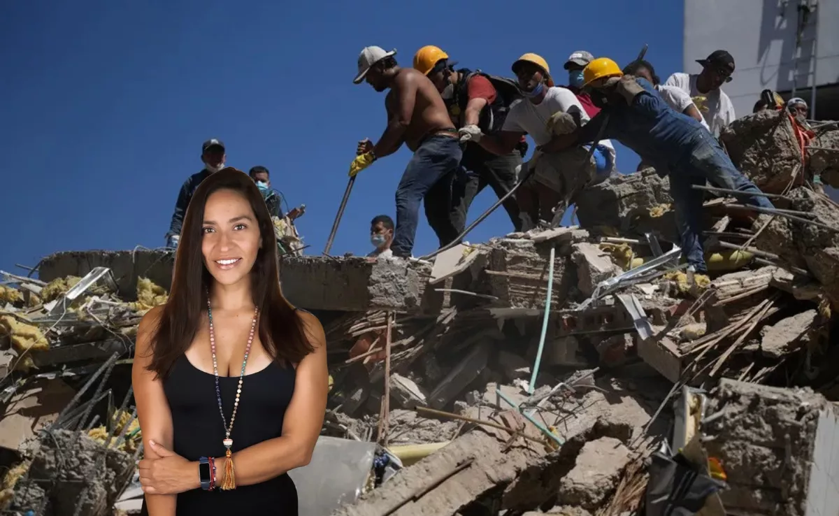 Imagen editada de Yury Muñoz y escombros en su ciudad natal, Cali./ EFE