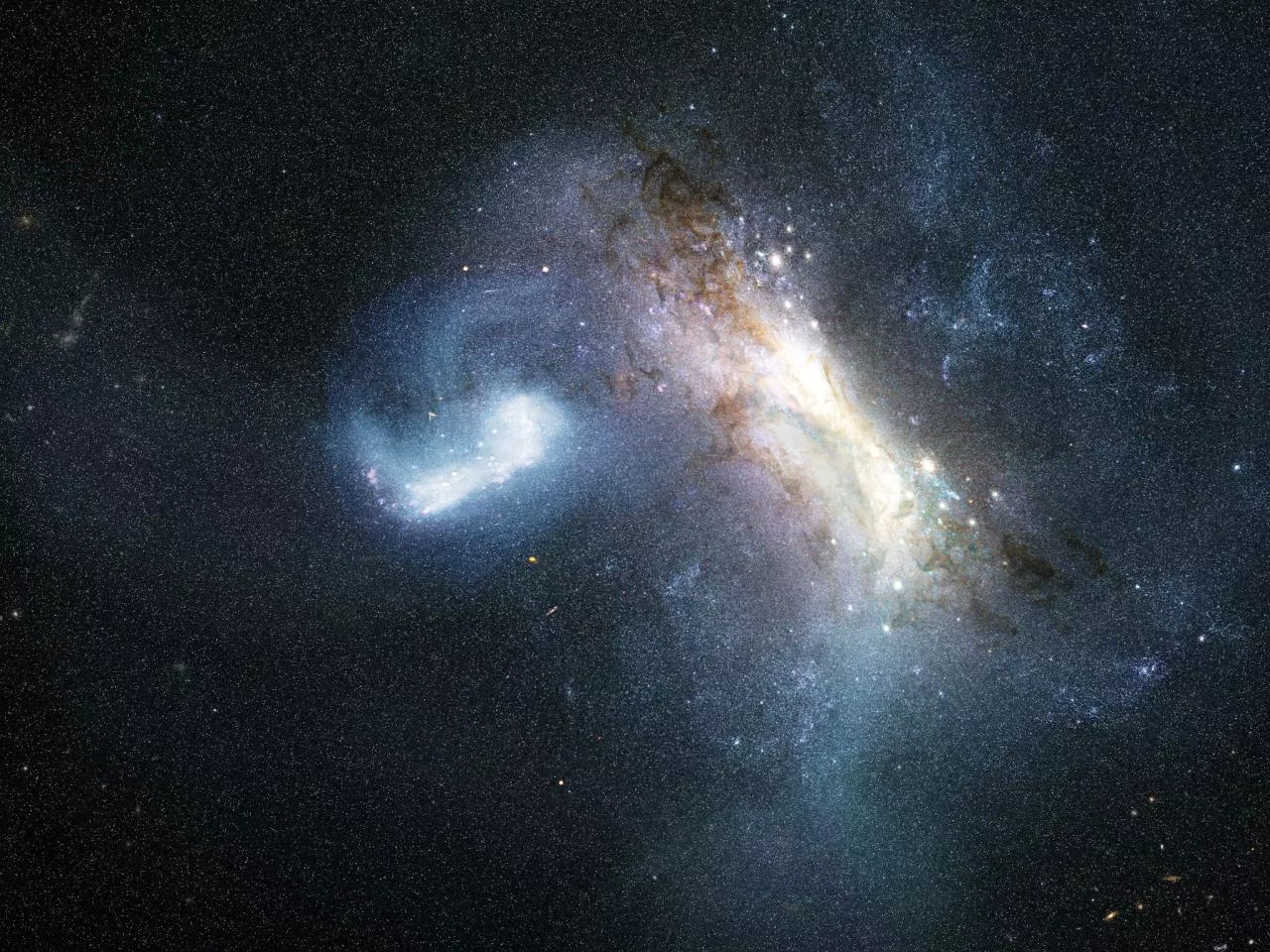 Representación artística de la colisión entre una galaxia enana conocida como LKH (izquierda) y una Vía Láctea joven (derecha), hace unos 12.000 millones de años. / NASA, ESA, Joseph Olmsted (STScI)