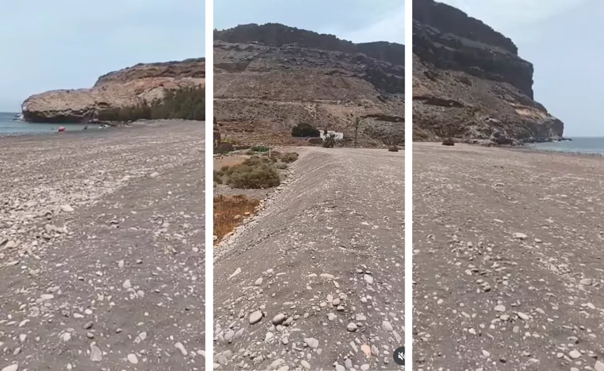 Aspecto actual de la playa de  Veneguera, en Mogán, tras los movimientos de  piedras y arena realizados por el Grupo Lopesan,  que explota una finca agrícola en el barranco. /SALVAR VENEGUERA