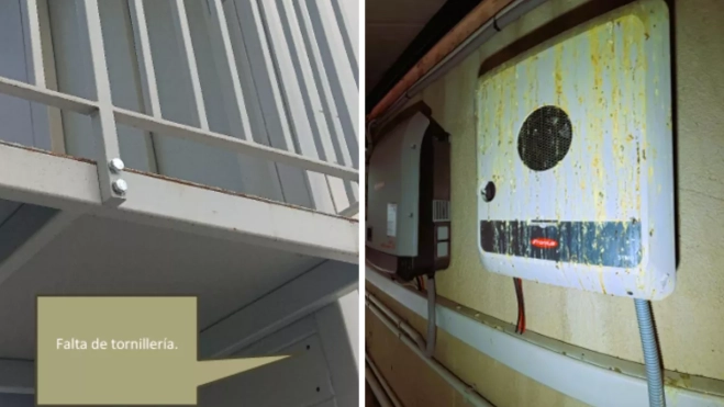 Plataformas oxidadas y sin tornillos, a la izquierda. Una de las instalaciones afectadas por el agua y las palomas, a la derecha / AH Plataformas oxidadas y sin tornillos, a la izquierda. Una de las instalaciones afectadas por el agua y las palomas, a la derecha / AH