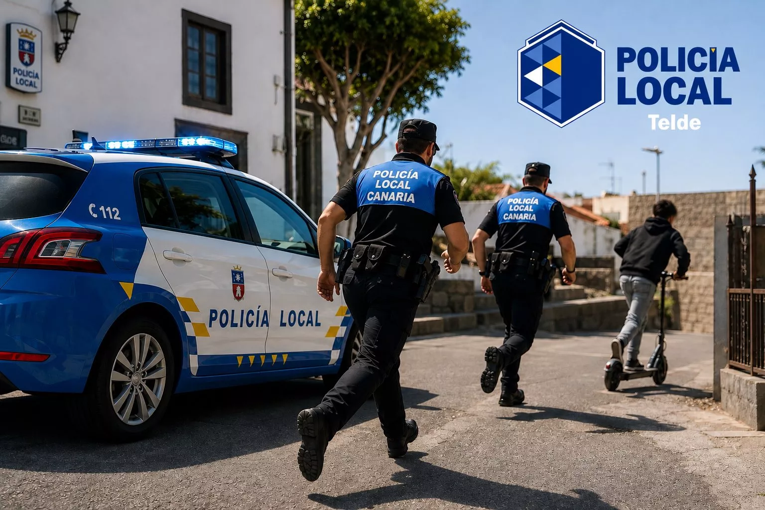 Policías locales persiguiendo a un joven en patineta en una imagen generada por IA / POLICÍA LOCAL DE TELDE