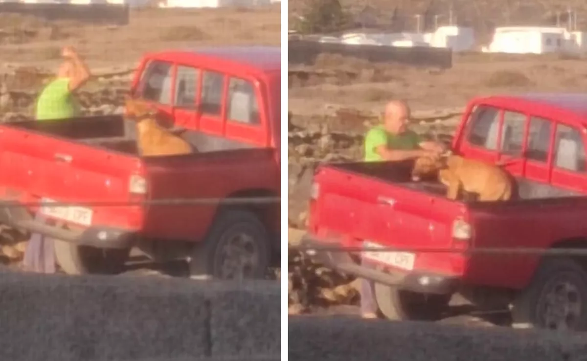Un hombre golpea varias veces a su perro tras amarrarlo a la camioneta. / MONTAJE ATLÁNTICO HOY