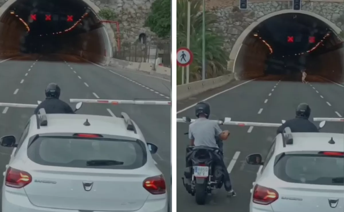 El túnel de La Laja, en dirección sur, cerrado. Los coches esperan mientras un transeúnte sale desnudo de su interior. / MONTAJE AH
