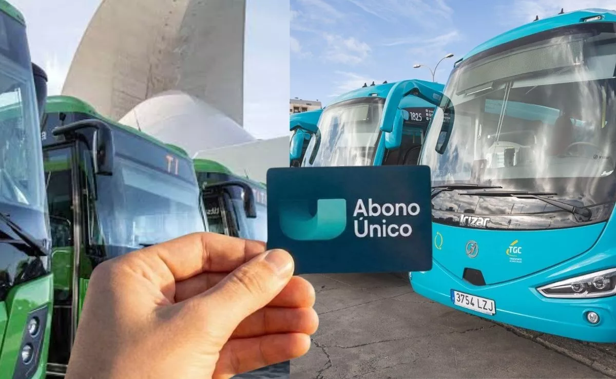 Imagen de vehículos de transporte público de Tenerife y Gran Canaria con una posible tarjeta de transporte público |MONTAJEAH