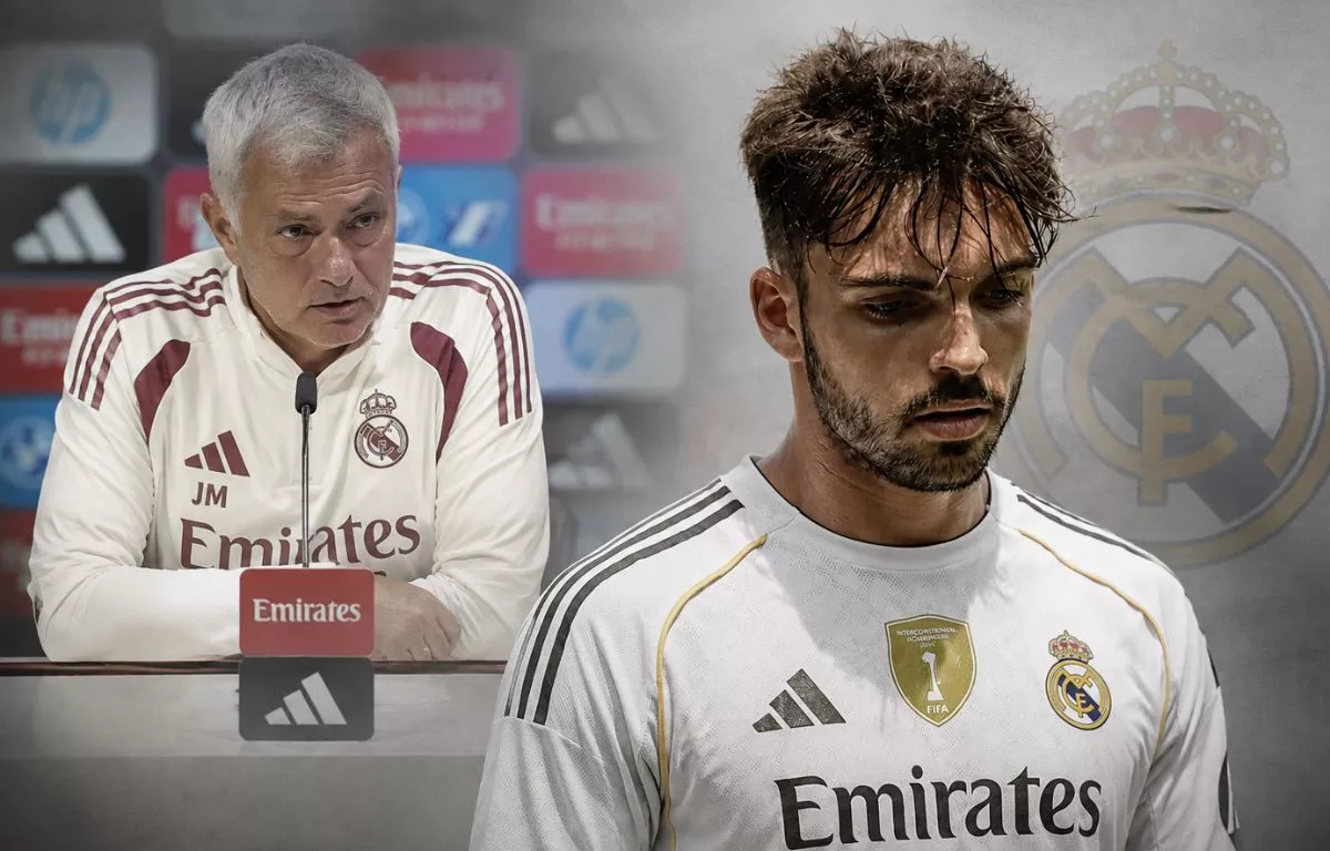 Fotomontaje de José Mourinho en rueda de prensa y el futbolista canario del Real Madrid, Raúl Asencio. AH