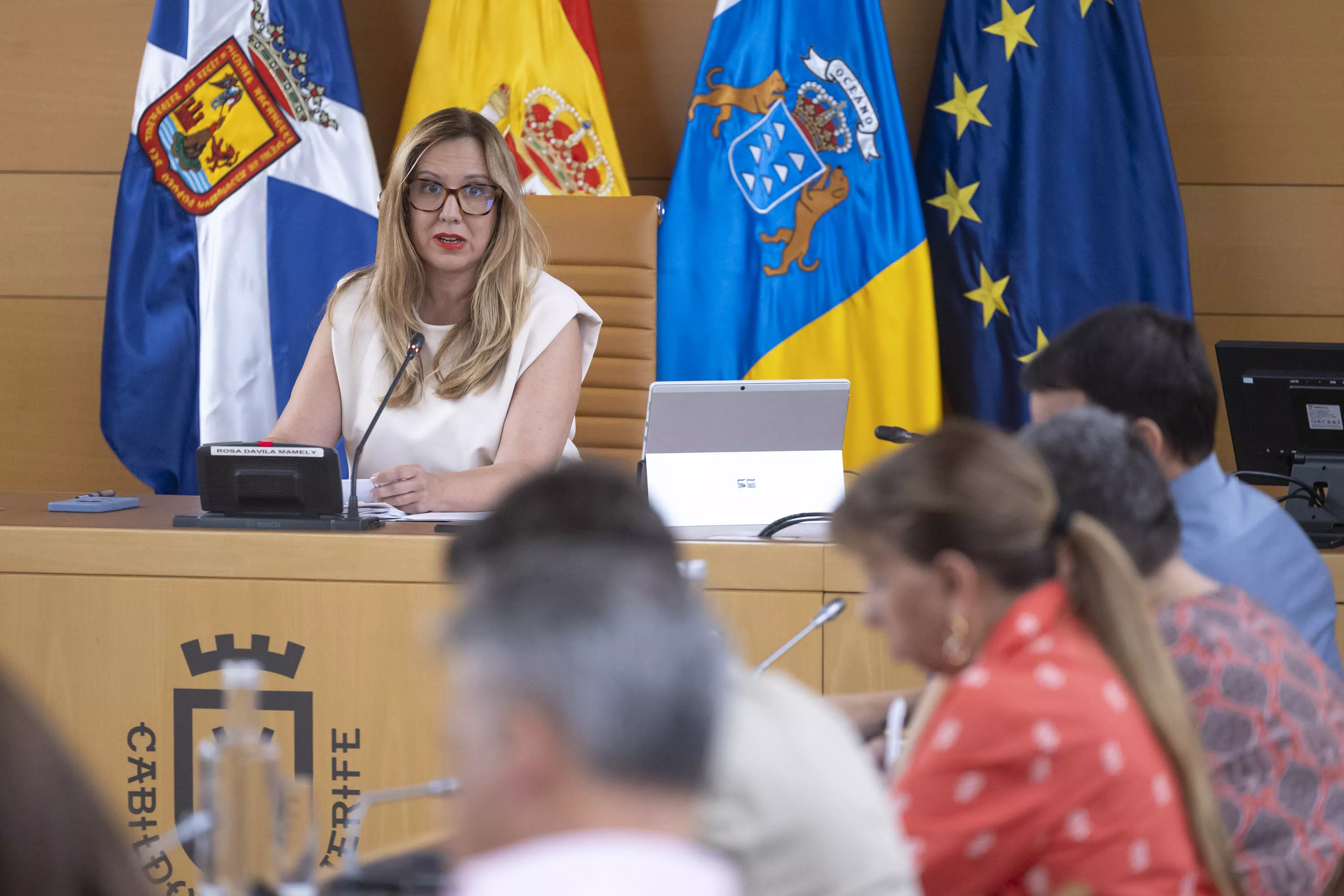 La presidenta del Cabildo de Tenerife, Rosa Dávila, durante el pleno en el que se trató los problemas de aguas residuales en la isla. / MIGUEL BARRETO-EFE