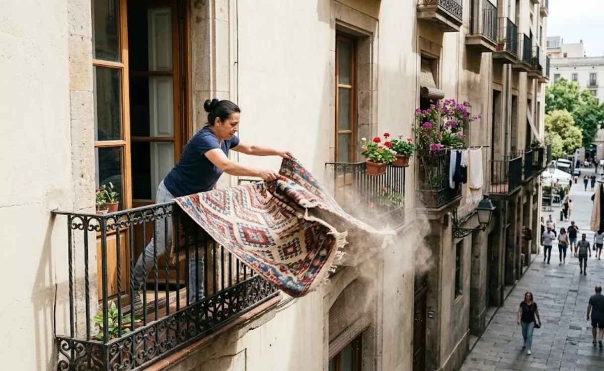 Una mujer sacude una alfombra por la ventana / AH