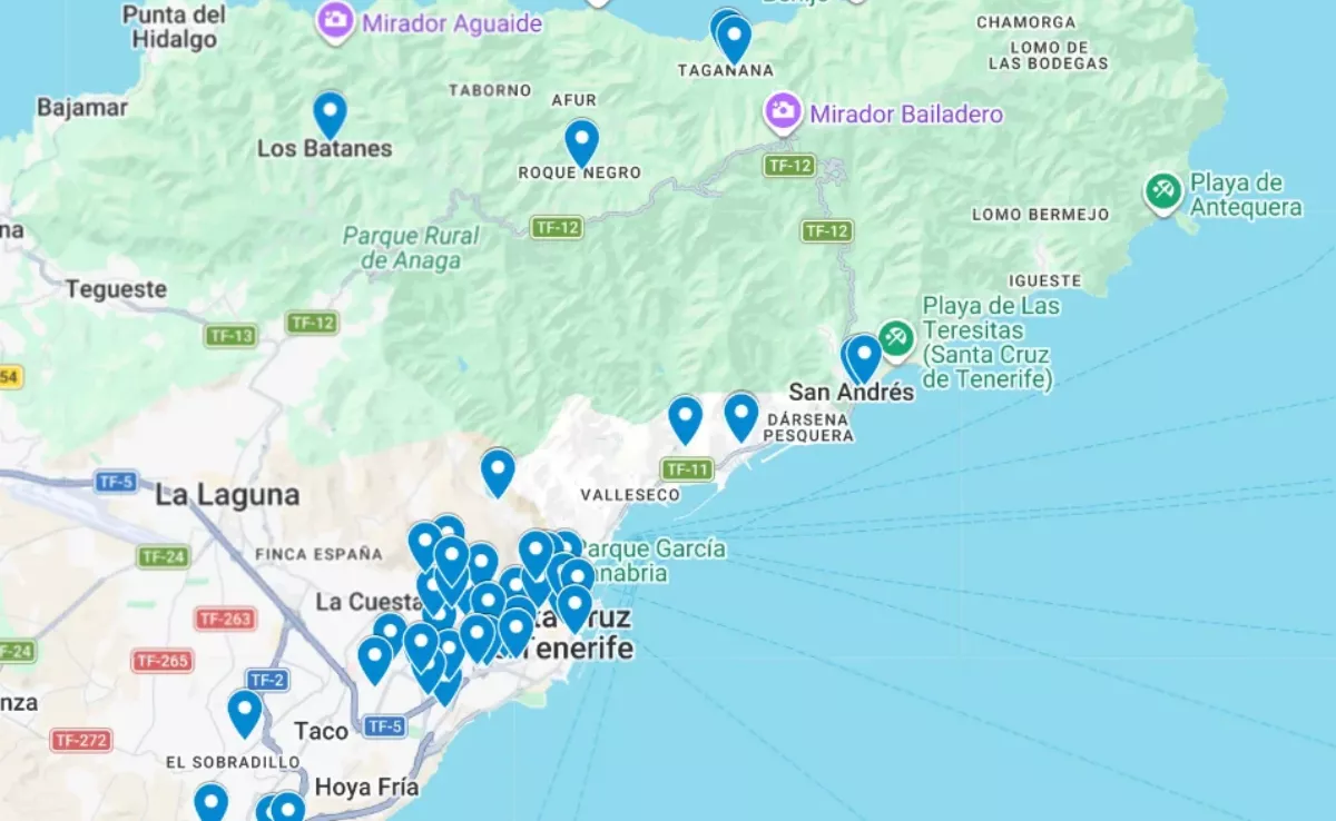 Mapa de los posibles refugios climáticos en Santa Cruz de Tenerife./ Mapa creado por Atlántico Hoy