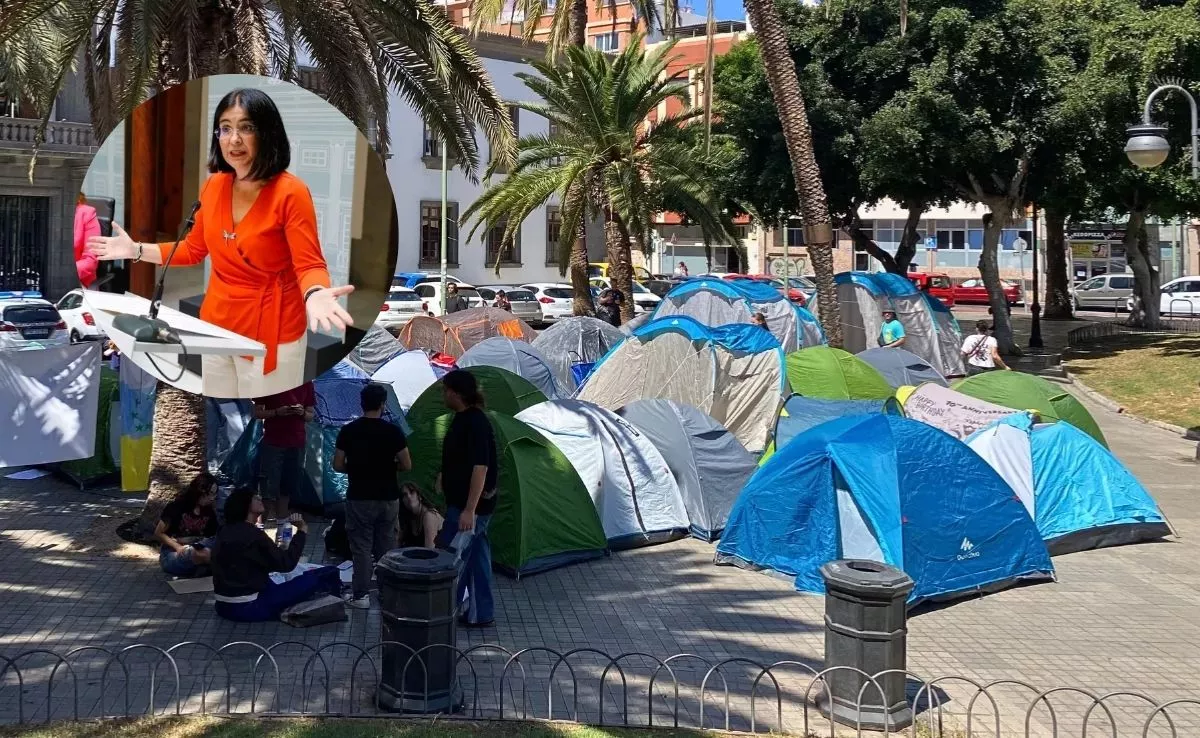 Fotomontaje de la alcadesa de Las Palmas de Gran Canaria, Carolina Darias, y los acampados en la Plaza de la Feria. AH