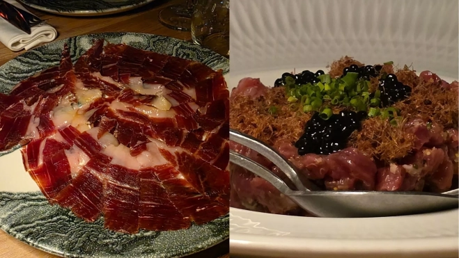 Jamón ibérico cortado a cuchillo y steak tartar en la terraza Atic, una de las más exclusivas de la capital del Turia. AH
