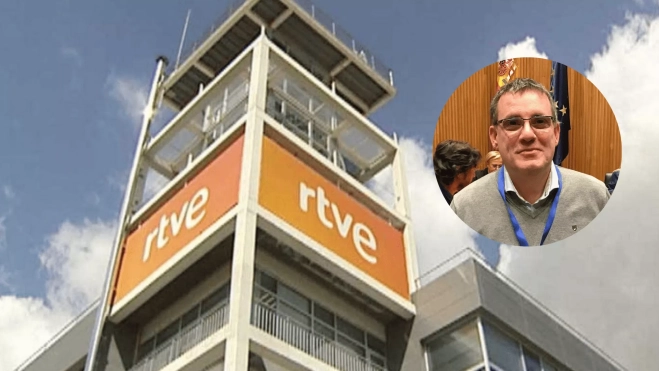 En la imagen, el centro de producción de RTVE en Gran Canaria. En el círculo, Miguel Ángel Curieses, líder de UGT en el ente público. / AH
