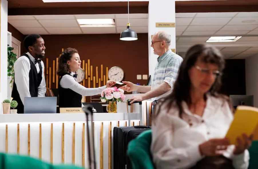 Personal de recepción atendiendo a un huésped en un hotel.