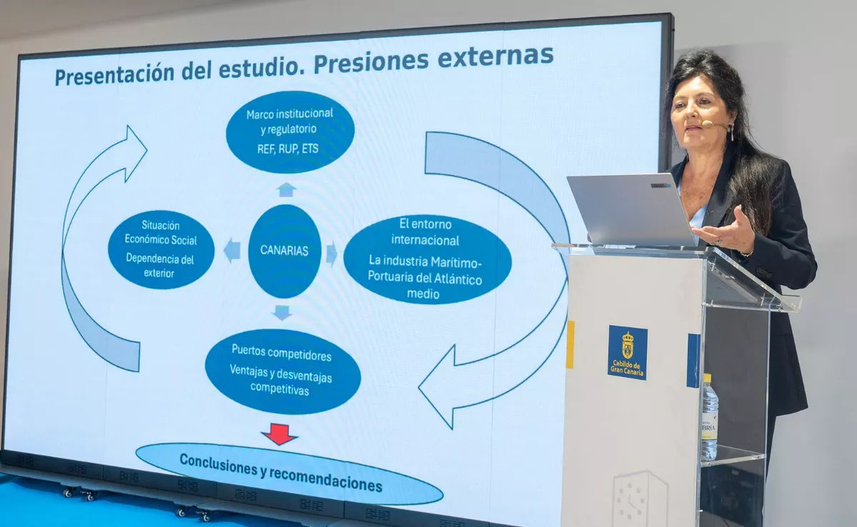 La catedrática de ULPGC Lourdes Santana, durante la presentación del informe sobre el Puerto de Las Palmas. / CABILDO DE GRAN CANARIA
