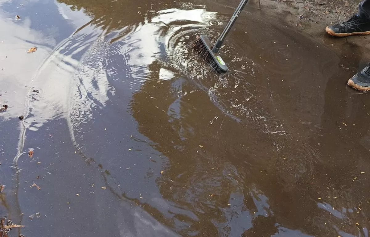 Un trabajador trata de achicar el agua en el entorno de la cafetería del Parque Doramas. CEDIDA