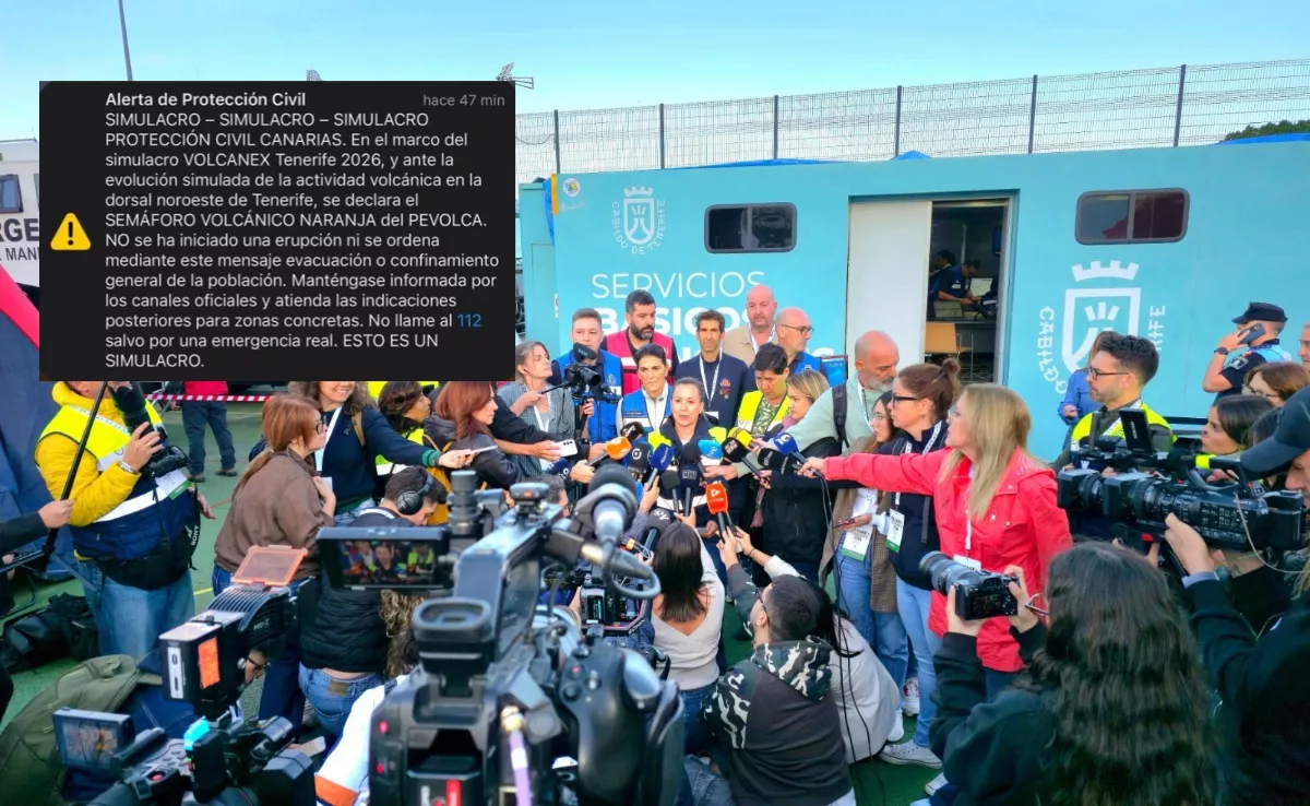 Imagen de la rueda de prensa del simulacro junto al aviso ES-Alert. / AH