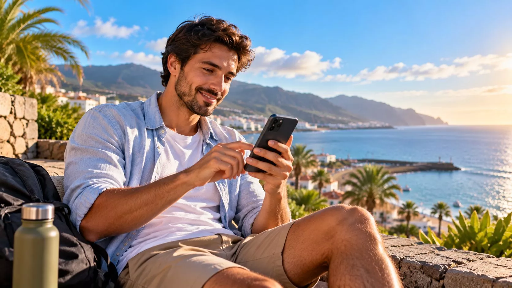 Hombre joven con un móvil al aire libre