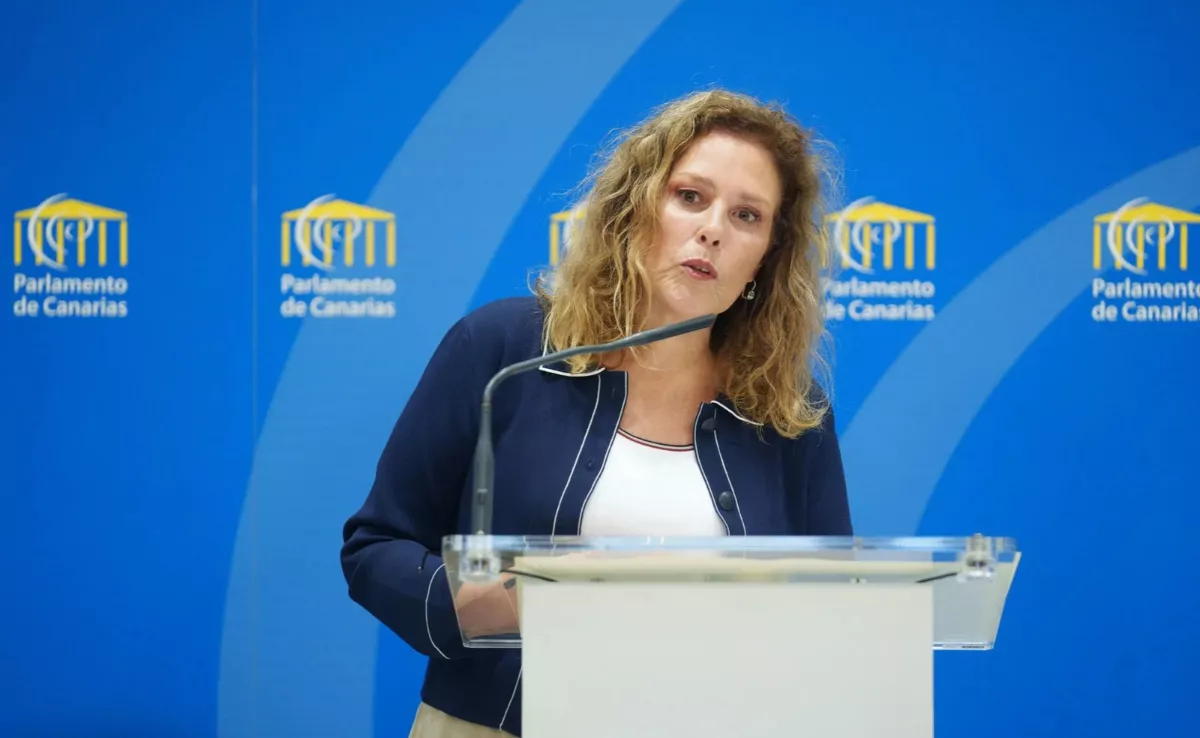La presidenta del Parlamento de Canarias, Astrid Pérez, durante la rueda de prensa que ofreció este jueves para hacer balance de los tres primeros años de la undécima legislatura autonómica. / EFE/ - RAMÓN DE LA ROCHA
