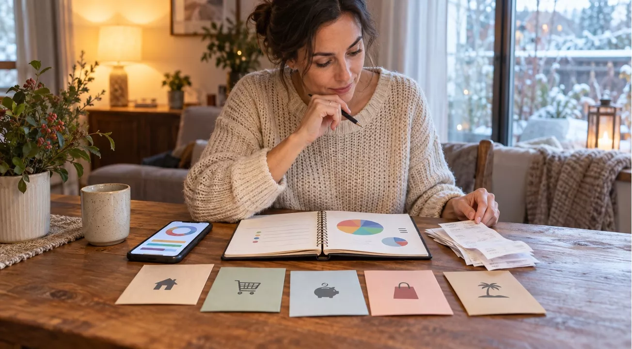 Mujer revisa su presupuesto y organiza gastos en casa