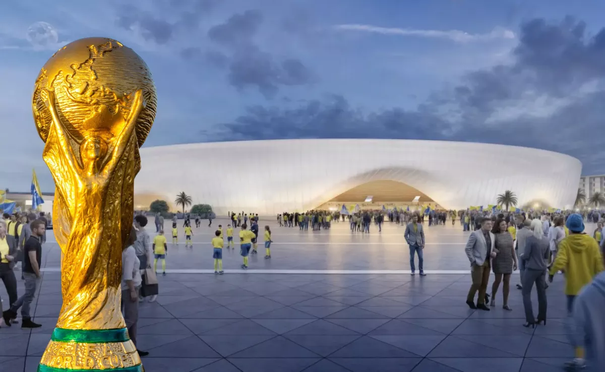 Imagen del futuro estadio de Gran Canaria y la copa del Mundial de Fútbol / AH