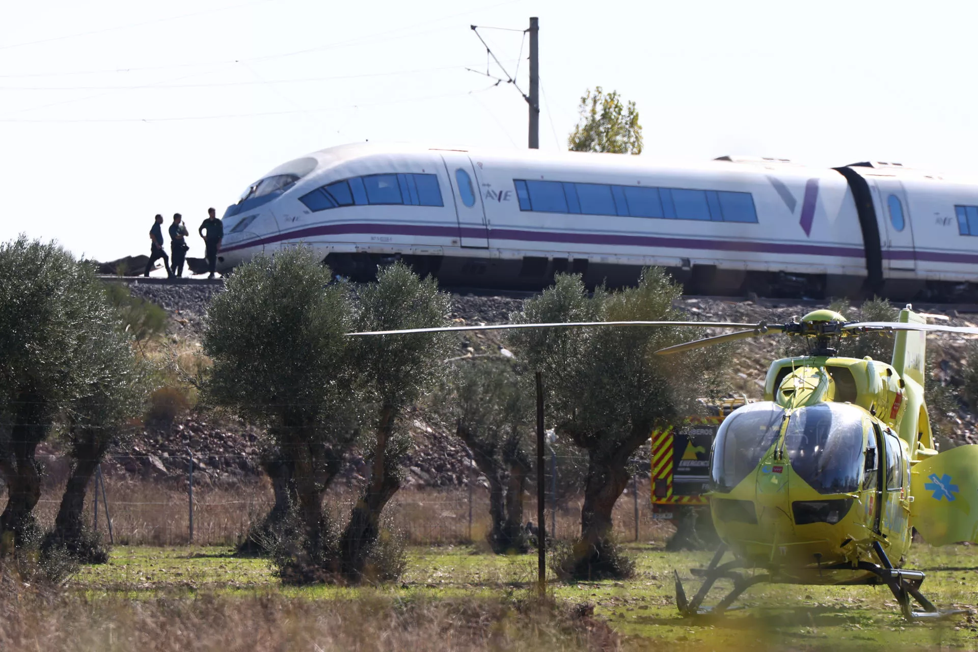 Vista de un helicóptero para trasladar a los heridos junto a los dos trenes de alta velocidad, uno de Renfe y otro de Iryo, que han colisionado en Toledo. EFE/Ismael Herrero
